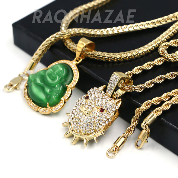 Iced Gold / Silver Buddha Pendant w/ 5mm Franco Chain / BOB CAT Pendant w/ 4mm Rope Chain Set - Raonhazae