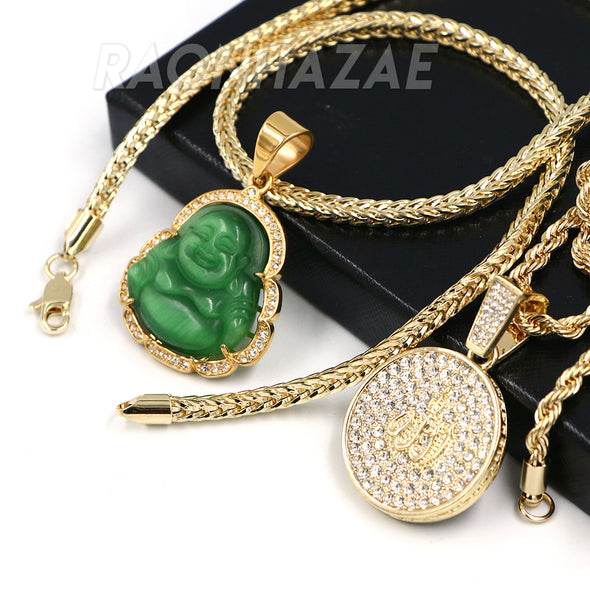 Iced Buddha Pendant w/5mm Franco Chain / MEDALLION ALLAH Pendant w/ 4mm Rope Chain Set G - Raonhazae