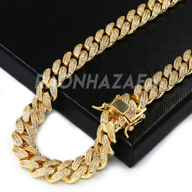 18K Yellow Gold CUBAN Miami Chain Link MicroPave Lab Diamond Necklace - Raonhazae