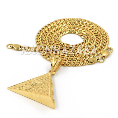 Hip Hop Stainless Steel Gold Egyptian 3D Pyramid Heru Pendant W Cuban Chain - Raonhazae