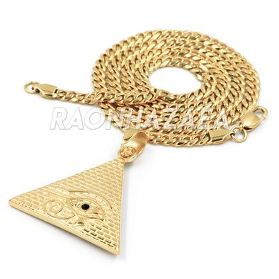 Hip Hop Stainless Steel Gold Eye of Horus on Pyramid Pendant W Cuban Chain / Ankh Ring - Raonhazae