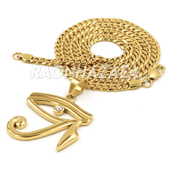 Stainless Steel Gold EYE OF HORUS Pendant W Cuban Chain - Raonhazae