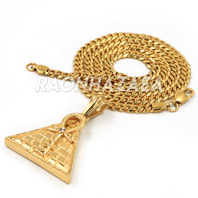 Stainless Steel Gold Ankh Cubic on Pyramid Pendant W Cuban Chain - Raonhazae