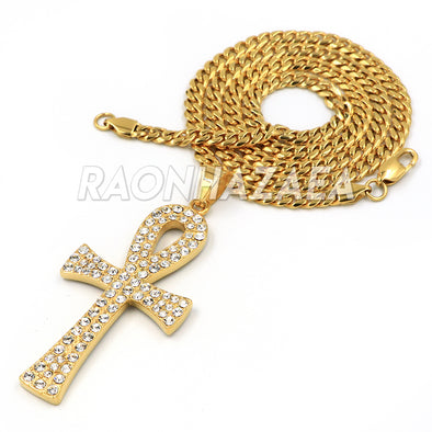 Hip Hop Stainless Steel Gold Egyptian Ankh Cross Pendant W Cuban Chain - Raonhazae