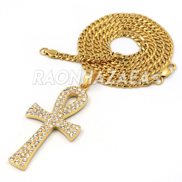 Hip Hop Stainless Steel Gold Egyptian Ankh Cross Pendant W Cuban Chain - Raonhazae