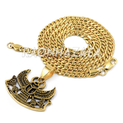 Hip Hop Stainless Steel Gold Egyptian Scarab Beetle Pendant W Cuban Chain - Raonhazae