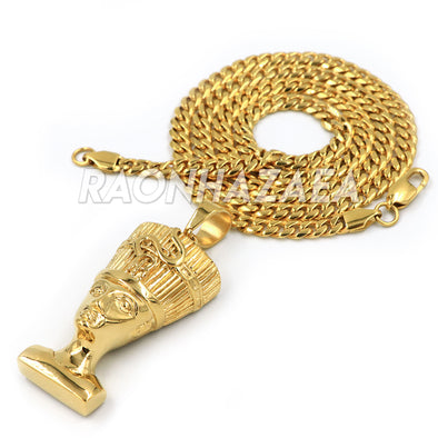 Hip Hop Stainless Steel Gold Egyptian Queen Nefertiti Pendant W Cuban Chain - Raonhazae