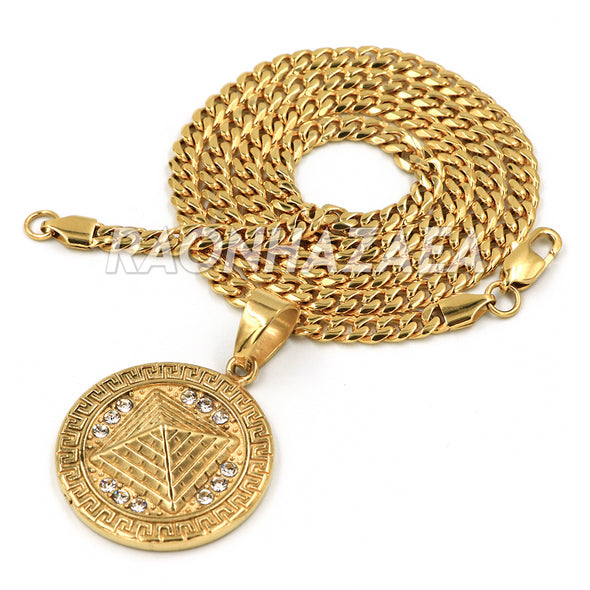 Hip Hop Iced Stainless Steel Gold Medallion 3D Pendant W Cuban Chain - Raonhazae