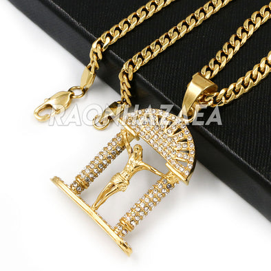 Hip Hop Iced Stainless Steel Gold / Silver Jesus Crucifix Pendant W Cuban Chain - Raonhazae