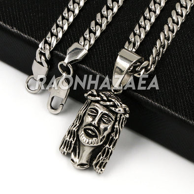 Hip Hop Iced Stainless Steel Silver Anchor Jesus Crucifix Pendant /W Cuban Chain - Raonhazae