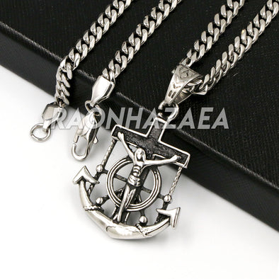 Hip Hop Iced Stainless Steel Silver Anchor Jesus Crucifix Pendant /W Cuban Chain. - Raonhazae