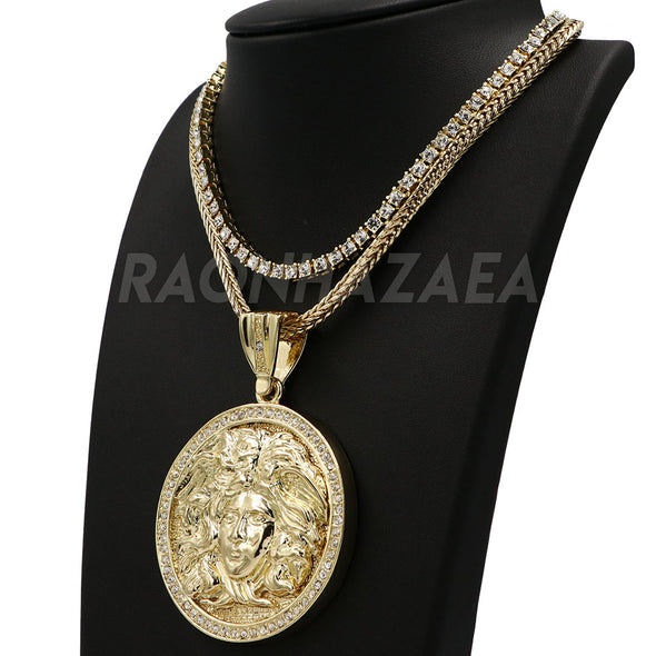 Hip Hop HUGE MEDUSA PENDANT Exclusive Pendant W/ Franco & Tennis Choker Chain Set - Raonhazae