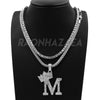 Hip Hop KING CROWN M INITIAL BUBBLE Exclusive Pendant W/ 18" Franco Chain & Tennis Choker Chain Set - Raonhazae