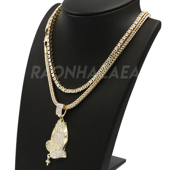 Hip Hop PRAYING HANDS Exclusive Pendant W/ 18" Franco Chain & Tennis Choker Chain Set - Raonhazae