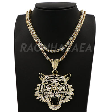 Hip Hop DRAKE TIGER FACE Pendant W/ Franco Chain / Tennis Choker Chain - Raonhazae