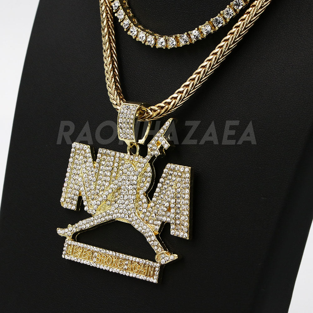 Stainless Steel Gold NBA Never Broke Again Pendant w/ 4mm Rope