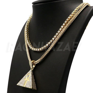 Hip Hop 3D Pyramid Ankh Pendant W/ Franco Chain / Tennis Choker Chain. - Raonhazae