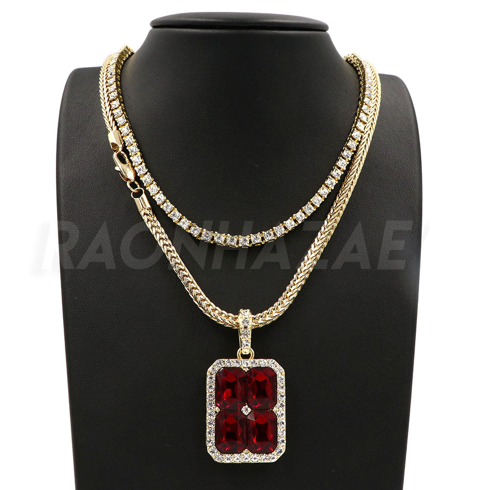 Hip Hop RED RUBY Pendant W/ Franco Chain Tennis Choker