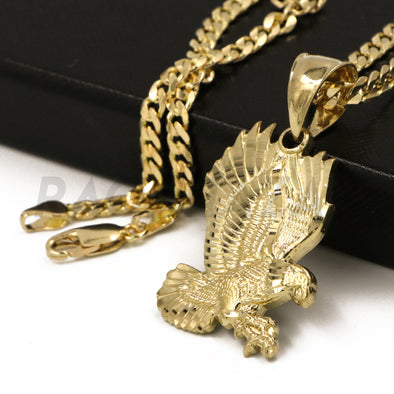 Solid Brass Gold Diamond Cut Eagle Pendant w/ 5mm 24" Concave Cuban Chain B01G - Raonhazae