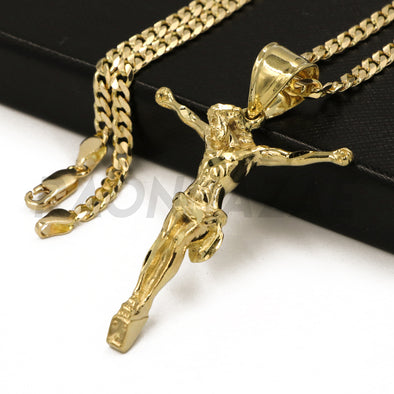 Solid Brass Gold Diamond Cut Jesus on Cross Pendant w/ 5mm 24" Concave Cuban Chain B02G - Raonhazae