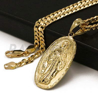 Solid Brass Gold Diamond Cut Guadalupe Pendant w/ 5mm 24" Concave Cuban Chain B03G - Raonhazae