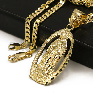 Solid Brass Gold Diamond Cut Our Lady of Guadalupe Halo Pendant w/ 5mm 24" Concave Cuban Chain B05G - Raonhazae