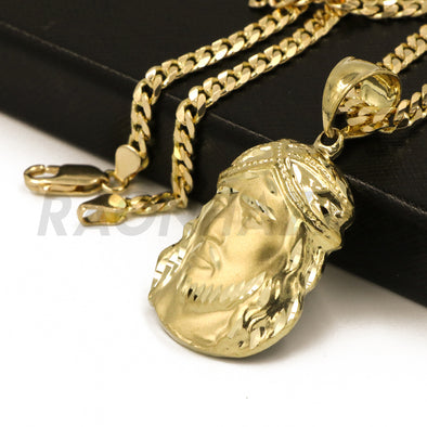 Solid Brass Gold Diamond Cut Jesus Face Pendant w/ 5mm 24" Concave Cuban Chain B06G - Raonhazae