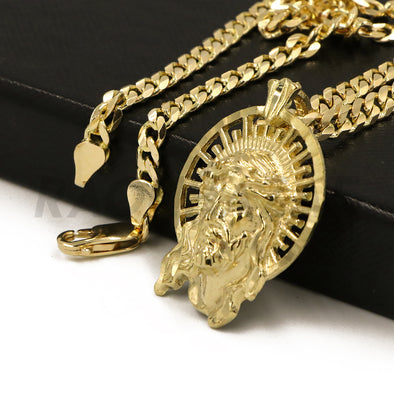 Solid Brass Gold Diamond Cut Jesus Face Halo Pendant w/ 5mm 24" Concave Cuban Chain B07G - Raonhazae