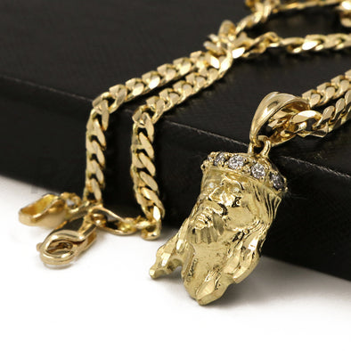 Solid Brass Gold Diamond Cut Small Jesus Face Pendant Solid w/ 5mm 24" Concave Cuban Chain B09G - Raonhazae