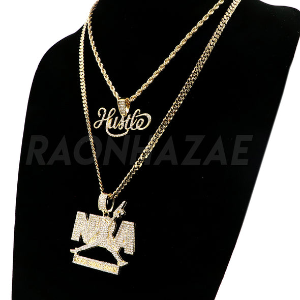 14k Gold NBA Never Broke Again / Hustle Pendant W/Cuban and Rope Chain Set - Raonhazae