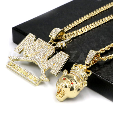 NBA NEVER BROKE AGAIN / LION CROWN Pendant W/ Cuban & Rope Chain Set. - Raonhazae