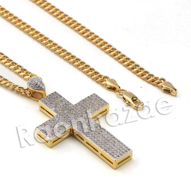 Lab diamond Micro Pave Gold PT Gambino Dogtag Pendant w/ Miami Cuban Chain B24G - Raonhazae