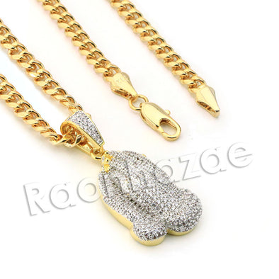 Lab diamond Micro Pave Praying Hands Pendant w/ Miami Cuban Chain BR019 - Raonhazae