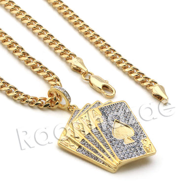 Lab diamond Micro Pave Shuffle Playing Cards Pendant w/ Miami Cuban Chain BR023 - Raonhazae