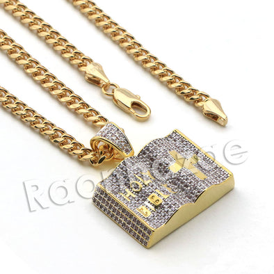 Lab diamond Micro Pave Holy Bible Pendant w/ Miami Cuban Chain BR024 - Raonhazae