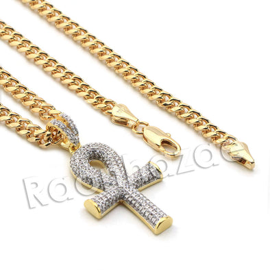 Lab diamond Micro Pave Ankh Cross Pendant w/ Miami Cuban Chain BR033 - Raonhazae