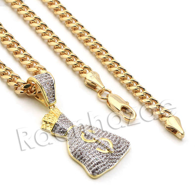 Lab diamond Micro Pave Money Bag Pendant w/ Miami Cuban Chain BR034 - Raonhazae