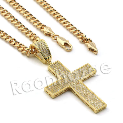 Lab diamond Micro Pave Jesus Cross Grid Pendant X w/ Miami Cuban Chain BR040 - Raonhazae