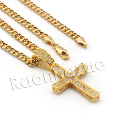 Lab diamond Micro Pave Convex Jesus Cross w/ Miami Cuban Chain BR045 - Raonhazae