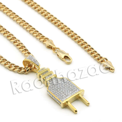 Lab diamond Micro Pave Slim Electronic Plug Pendant w/ Miami Cuban Chain BR051 - Raonhazae