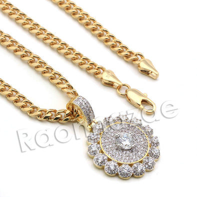 Lab diamond Micro Pave Round Diamond Medallion Pendant w/ Miami Cuban Chain BR54 - Raonhazae