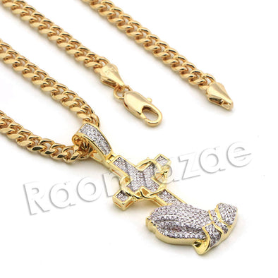 Lab diamond Micro Pave Jesus Cross Praying Pendant w/ Miami Cuban Chain BR059 - Raonhazae