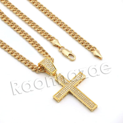 Lab diamond Micro Pave Jesus Cross Pendant w/ Miami Cuban Chain BR064 - Raonhazae