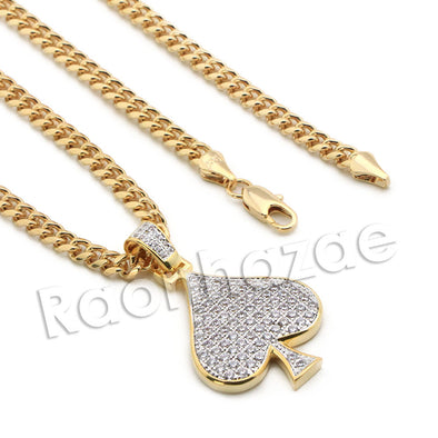 Lab diamond Micro Pave Fortune Spade Pendant w/ Miami Cuban Chain BR077 - Raonhazae