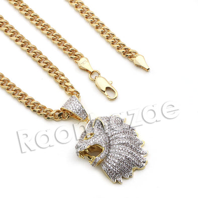 Lab diamond Micro Pave Inglorious Lion Roar Pendant w/ Miami Cuban Chain BR079 - Raonhazae