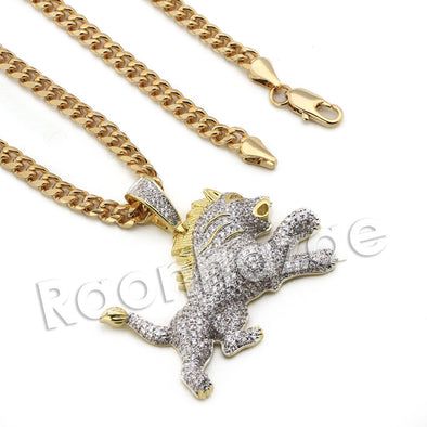 Lab diamond Micro Pave Ferocious Lion King Pendant w/ Miami Cuban Chain BR084 - Raonhazae