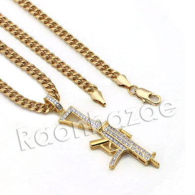 Lab diamond Micro Pave AK47 Machine Gun Pendant w/ Miami Cuban Chain BR090 - Raonhazae