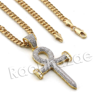 Lab diamond Micro Pave 2Pac Nail Ankh Cross Pendant w/ Miami Cuban Chain BR100 - Raonhazae