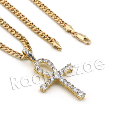 Lab diamond Micro Pave Biggie Ankh Cross Pendant w/ Miami Cuban Chain BR101 - Raonhazae