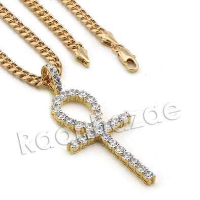 Lab diamond Micro Pave Egyptian Ankh Cross II Pendant w/ Miami Cuban Chain BR103 - Raonhazae